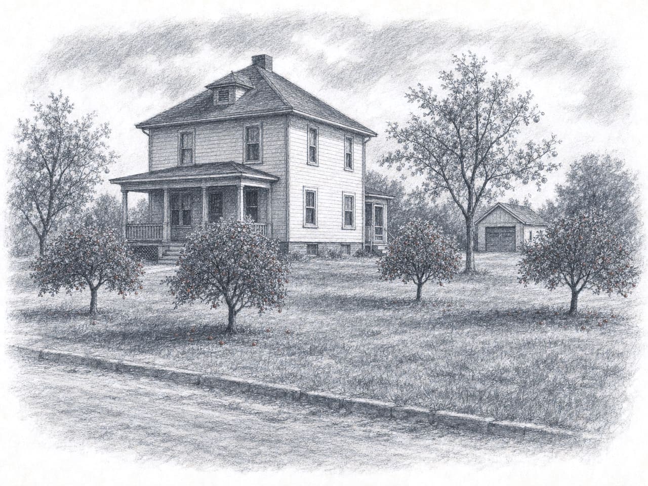 Charcoal drawing of Doc McClellan&rsquo;s house on a still summer morning: the only full two-story house in town, clapboard, with a porch along the front entrance, a back kitchen porch and a detached garage at the rear. Six fruit trees stand on the double lot &mdash; the four crabapples flecked with small red fruit, windfalls scattered in the grass &mdash; with the dirt street running across the foreground.