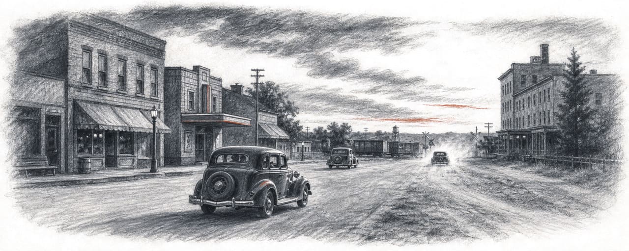Charcoal sketch of Main Street, Timber Lake, at dusk: brick storefronts and the theater marquee on the left, rail cars, a water tower and a grade crossing in the distance, and late-thirties sedans cruising the dirt street — one receding into a plume of dust under a sky streaked with crabapple red.